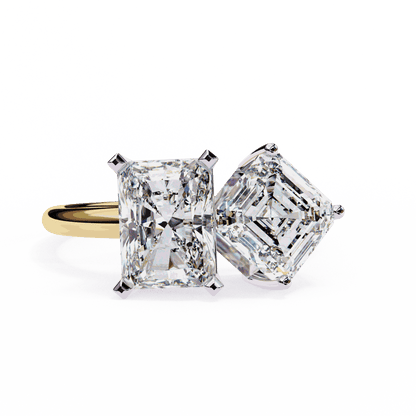 Radiant and Asscher Cut Lab Grown Diamond Toi et Moi Engagement Ring with Tilted Pairing