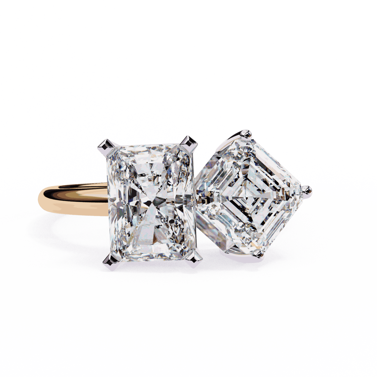 Radiant and Asscher Cut Lab Grown Diamond Toi et Moi Engagement Ring with Tilted Pairing