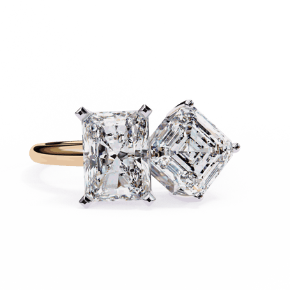 Radiant and Asscher Cut Lab Grown Diamond Toi et Moi Engagement Ring with Tilted Pairing