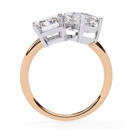 Radiant and Asscher Cut Lab Grown Diamond Toi et Moi Engagement Ring with Tilted Pairing