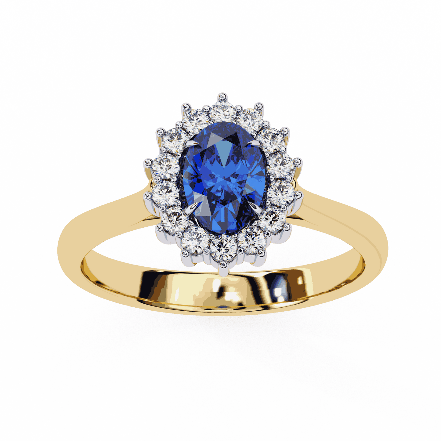 Oval Cut Blue Sapphire Halo Engagement Ring with Diamond Cluster Halo and Plain Band