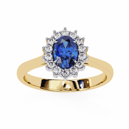 Oval Cut Blue Sapphire Halo Engagement Ring with Diamond Cluster Halo and Plain Band