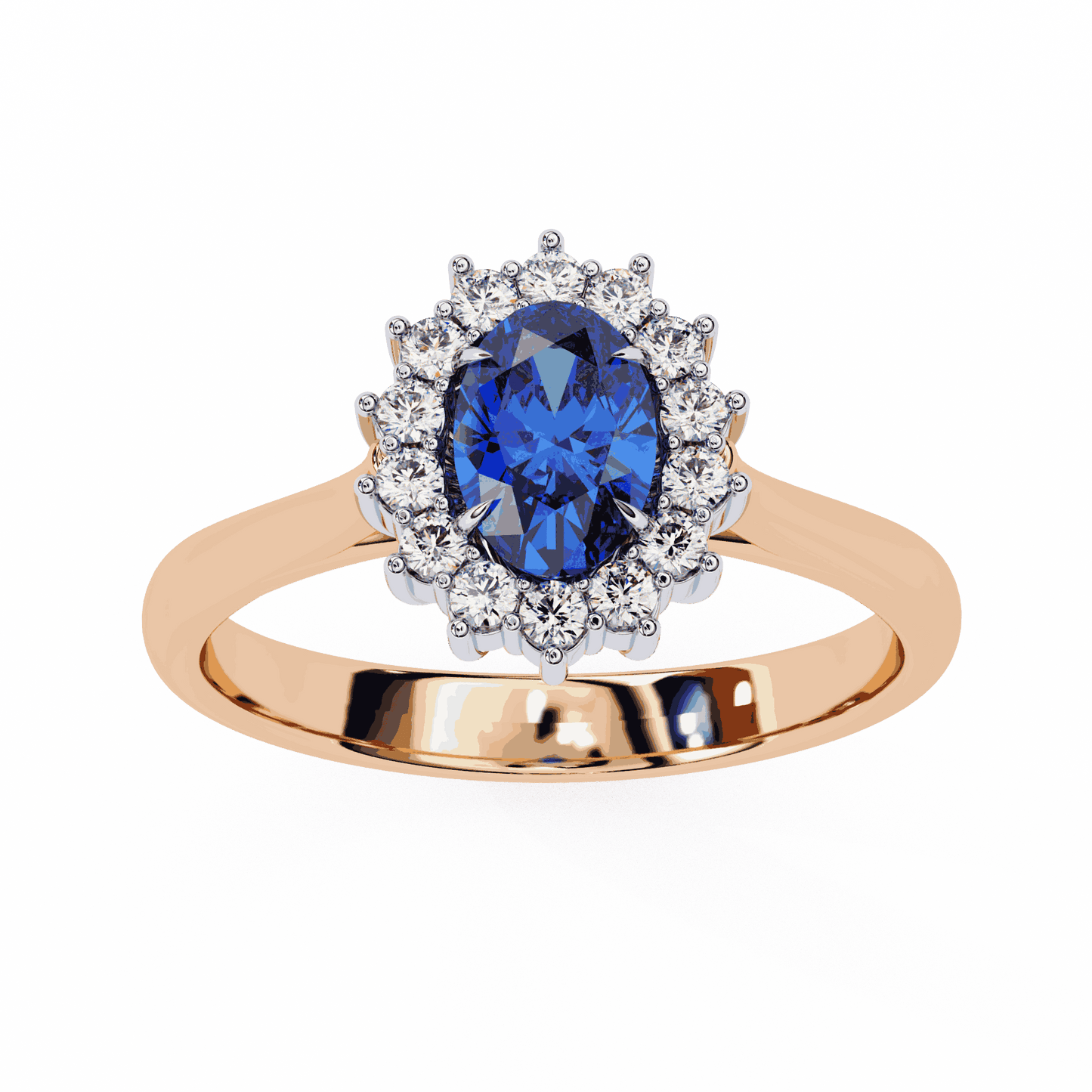 Oval Cut Blue Sapphire Halo Engagement Ring with Diamond Cluster Halo and Plain Band