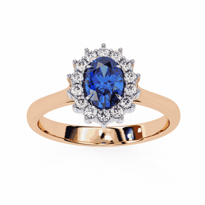 Oval Cut Blue Sapphire Halo Engagement Ring with Diamond Cluster Halo and Plain Band
