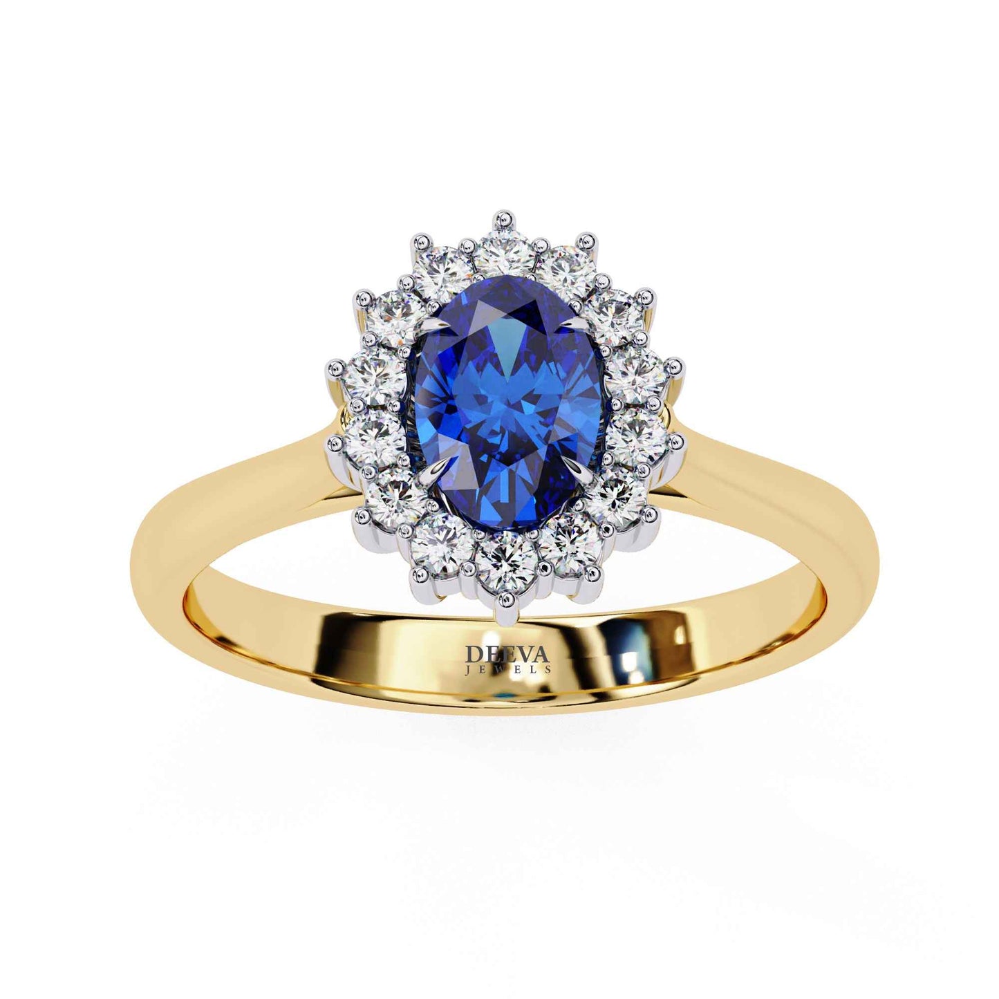 Oval Cut Blue Sapphire Halo Engagement Ring with Diamond Cluster Halo and Plain Band