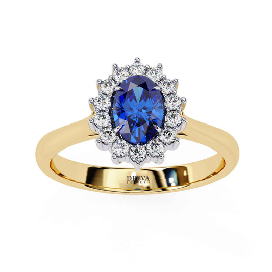Oval Cut Blue Sapphire Halo Engagement Ring with Diamond Cluster Halo and Plain Band