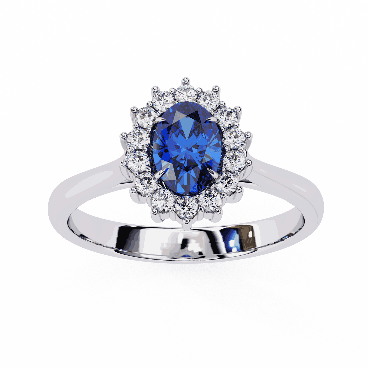 Oval Cut Blue Sapphire Halo Engagement Ring with Diamond Cluster Halo and Plain Band