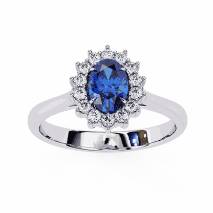 Oval Cut Blue Sapphire Halo Engagement Ring with Diamond Cluster Halo and Plain Band