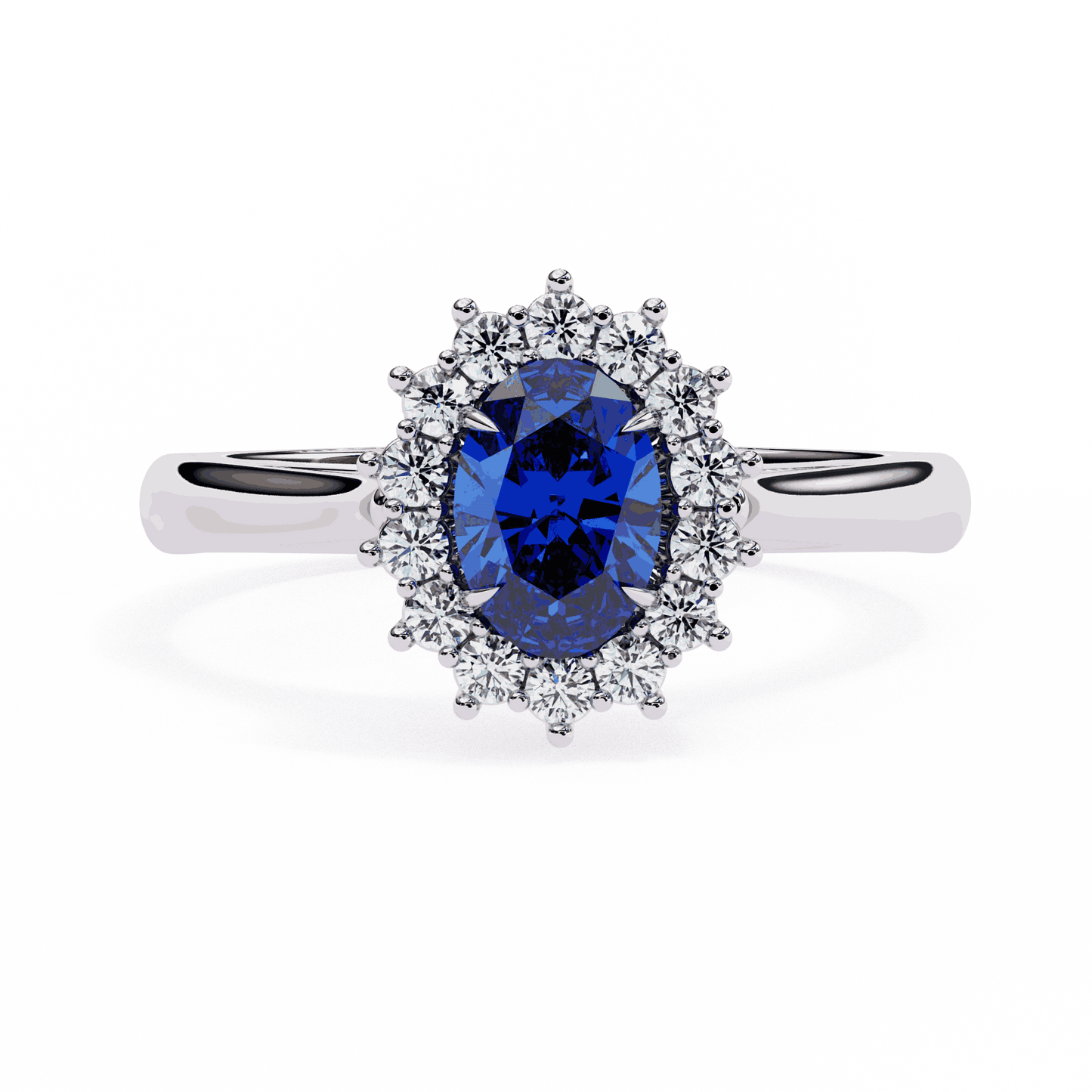Oval Cut Blue Sapphire Halo Engagement Ring with Diamond Cluster Halo and Plain Band