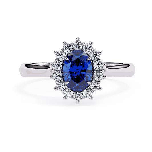 Oval Cut Blue Sapphire Halo Engagement Ring with Diamond Cluster Halo and Plain Band