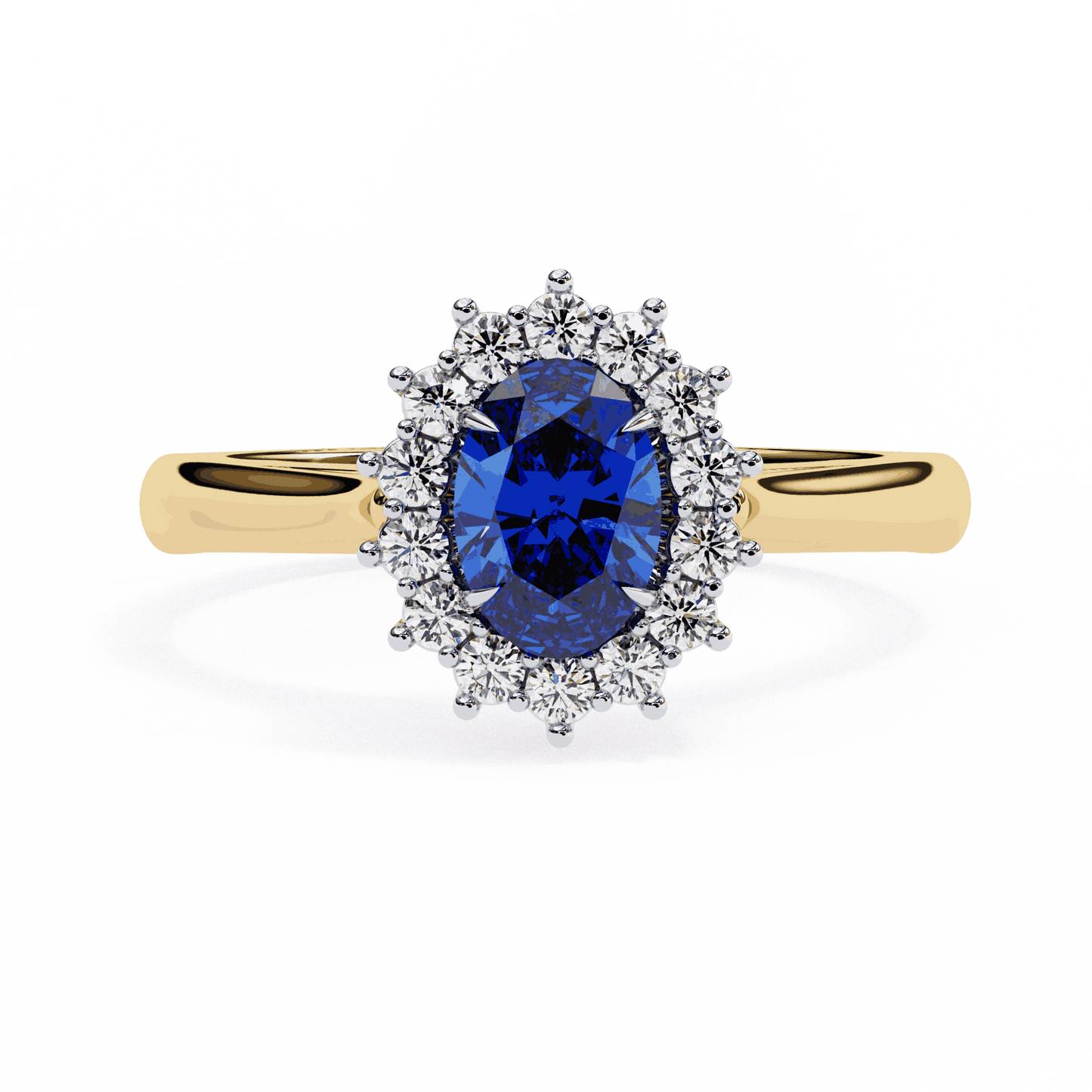 Oval Cut Blue Sapphire Halo Engagement Ring with Diamond Cluster Halo and Plain Band