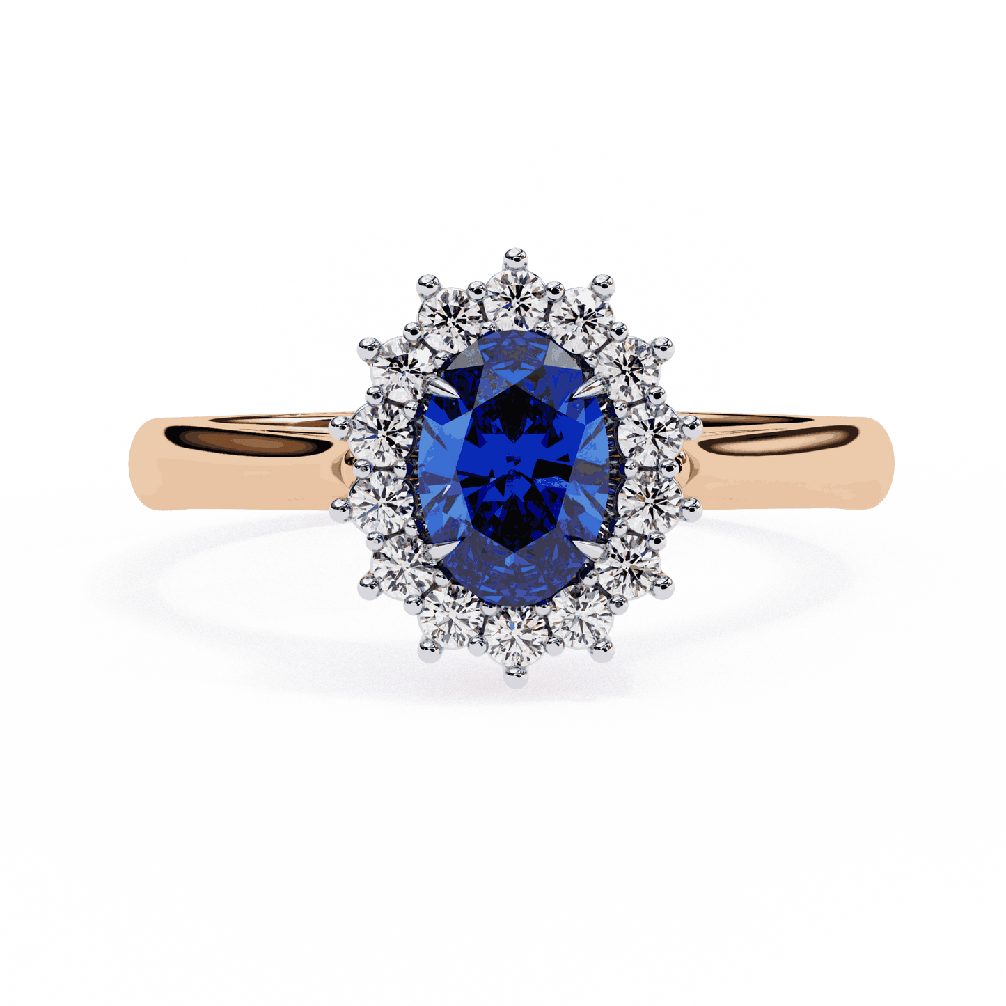 Oval Cut Blue Sapphire Halo Engagement Ring with Diamond Cluster Halo and Plain Band