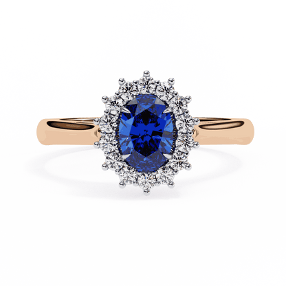 Oval Cut Blue Sapphire Halo Engagement Ring with Diamond Cluster Halo and Plain Band