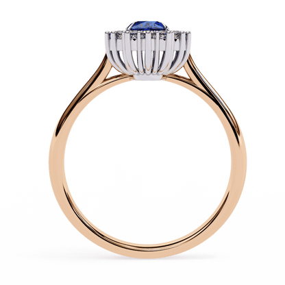Oval Cut Blue Sapphire Halo Engagement Ring with Diamond Cluster Halo and Plain Band