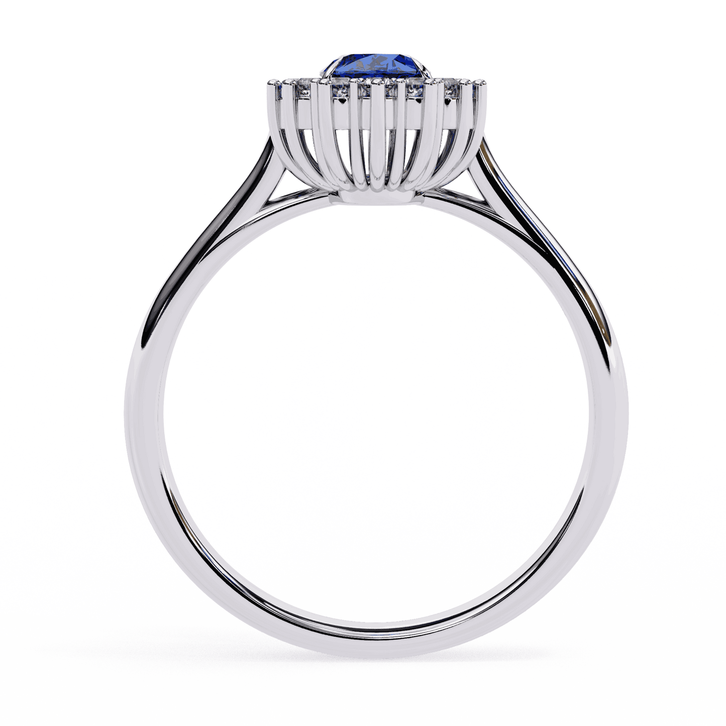 Oval Cut Blue Sapphire Halo Engagement Ring with Diamond Cluster Halo and Plain Band