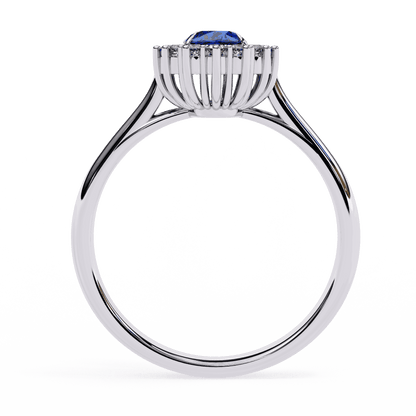 Oval Cut Blue Sapphire Halo Engagement Ring with Diamond Cluster Halo and Plain Band