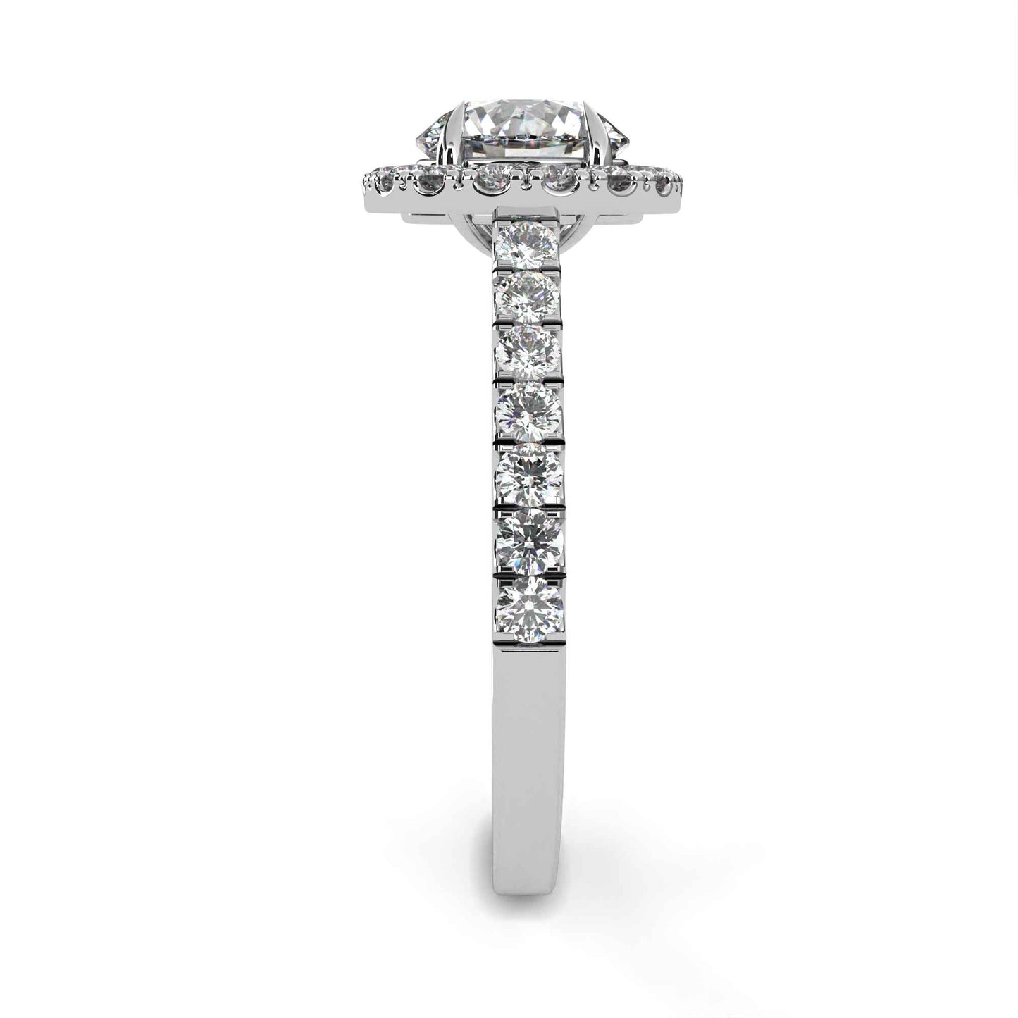 Round Cut Lab Grown Diamond Halo Engagement Ring with Pave Shoulders and Four-Prong Head