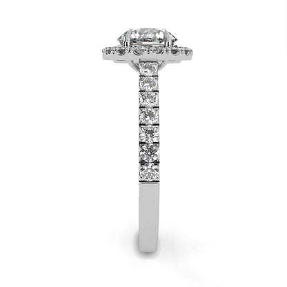 Round Cut Lab Grown Diamond Halo Engagement Ring with Pave Shoulders and Four-Prong Head