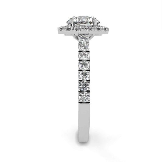 Round Cut Lab Grown Diamond Halo Engagement Ring with Pave Shoulders and Four-Prong Head