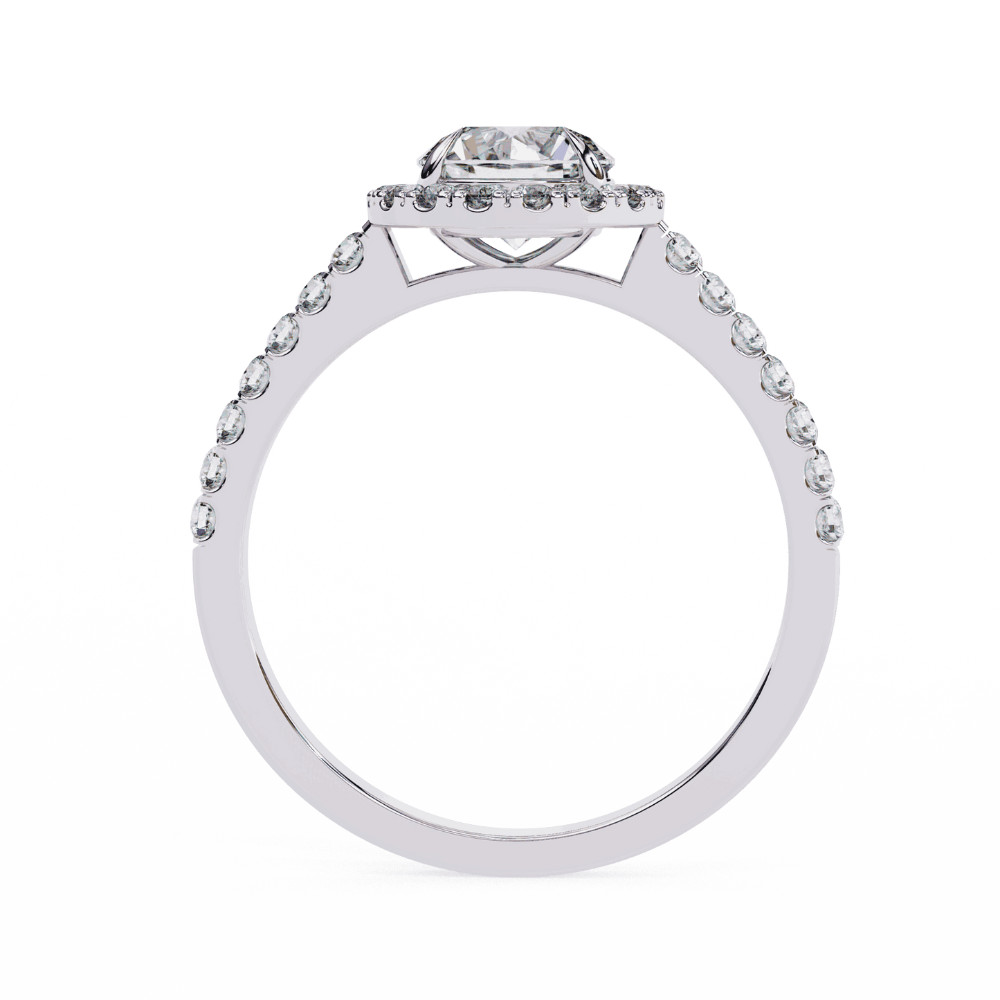 Round Cut Lab Grown Diamond Halo Engagement Ring with Pave Shoulders and Four-Prong Head
