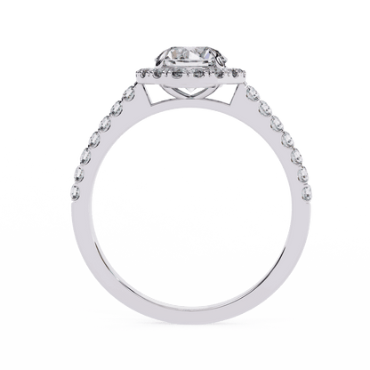 Round Cut Lab Grown Diamond Halo Engagement Ring with Pave Shoulders and Four-Prong Head