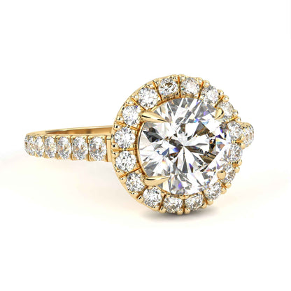 Round Cut Lab Grown Diamond Halo Engagement Ring with Pave Shoulders and Four-Prong Head
