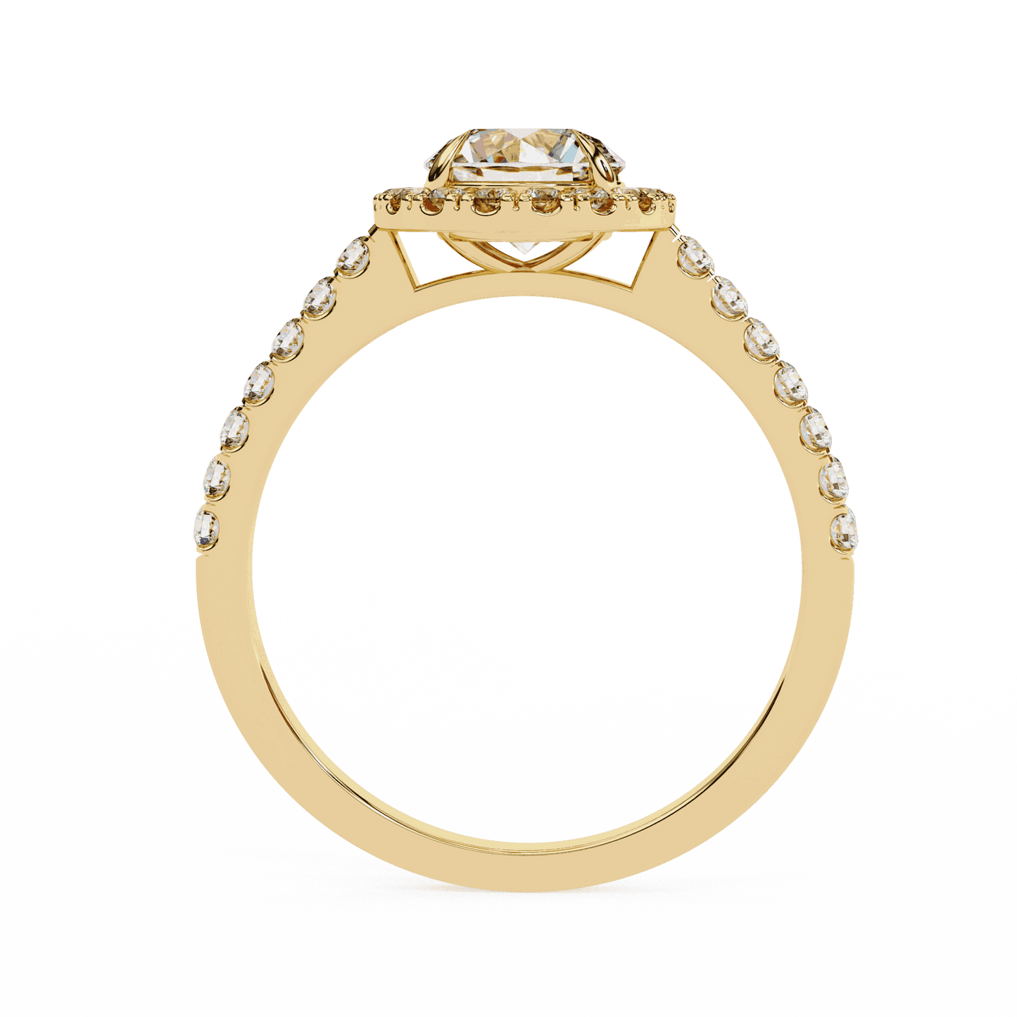 Round Cut Lab Grown Diamond Halo Engagement Ring with Pave Shoulders and Four-Prong Head