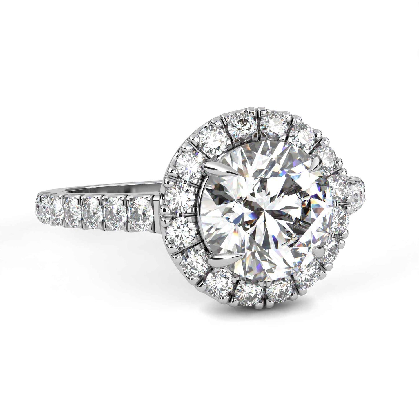 Round Cut Lab Grown Diamond Halo Engagement Ring with Pave Shoulders and Four-Prong Head