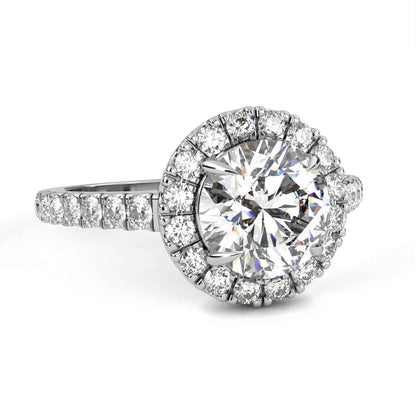 Round Cut Lab Grown Diamond Halo Engagement Ring with Pave Shoulders and Four-Prong Head