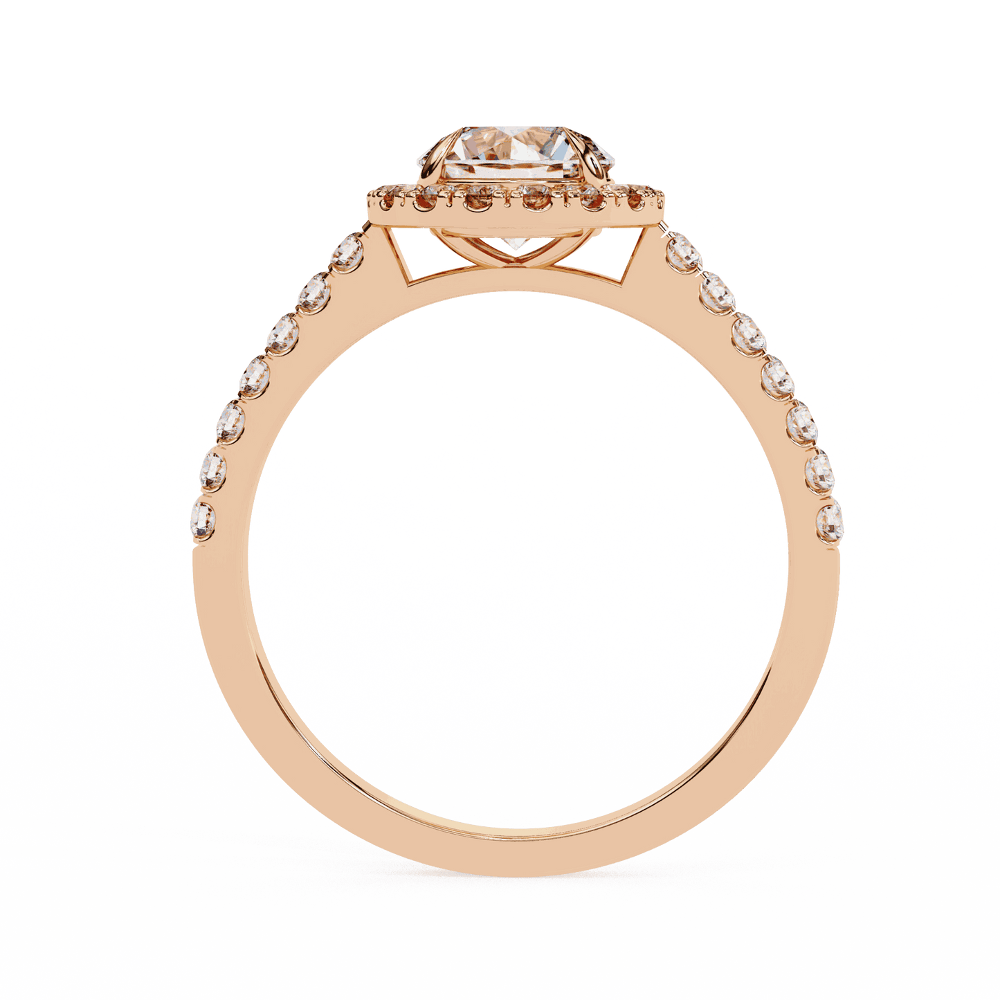 Round Cut Lab Grown Diamond Halo Engagement Ring with Pave Shoulders and Four-Prong Head