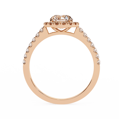 Round Cut Lab Grown Diamond Halo Engagement Ring with Pave Shoulders and Four-Prong Head