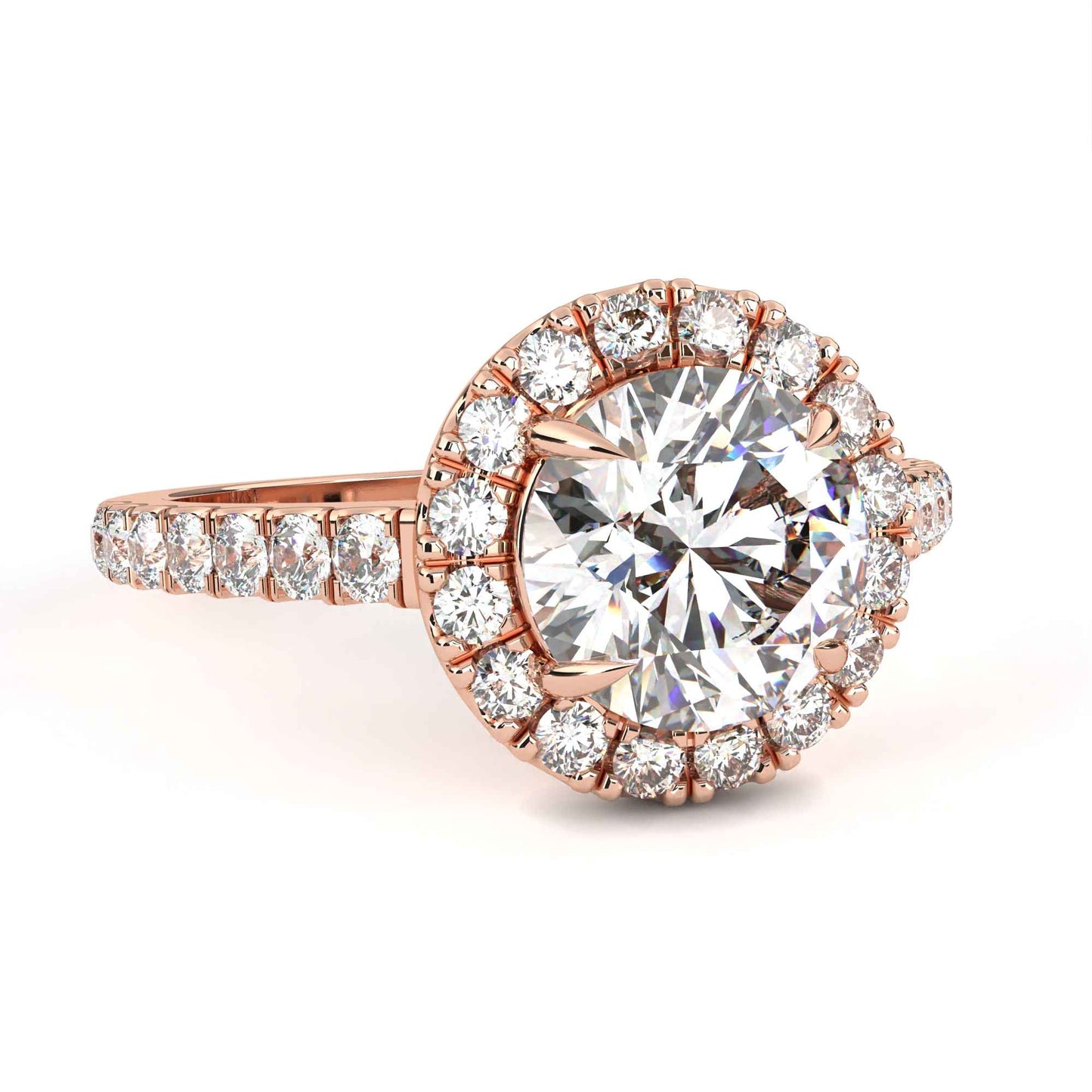 Round Cut Lab Grown Diamond Halo Engagement Ring with Pave Shoulders and Four-Prong Head