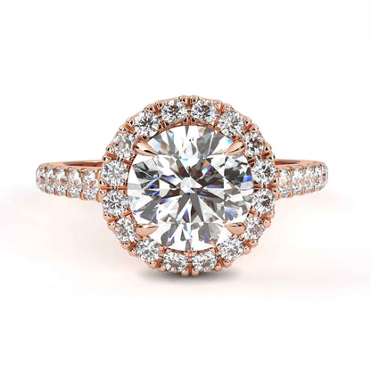 Round Cut Lab Grown Diamond Halo Engagement Ring with Pave Shoulders and Four-Prong Head