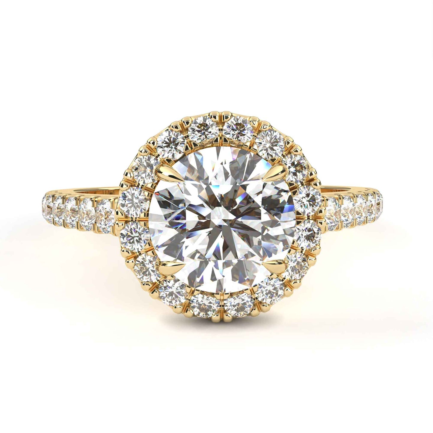 Round Cut Lab Grown Diamond Halo Engagement Ring with Pave Shoulders and Four-Prong Head