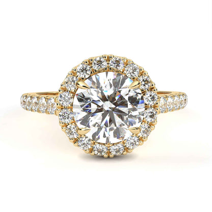 Round Cut Lab Grown Diamond Halo Engagement Ring with Pave Shoulders and Four-Prong Head