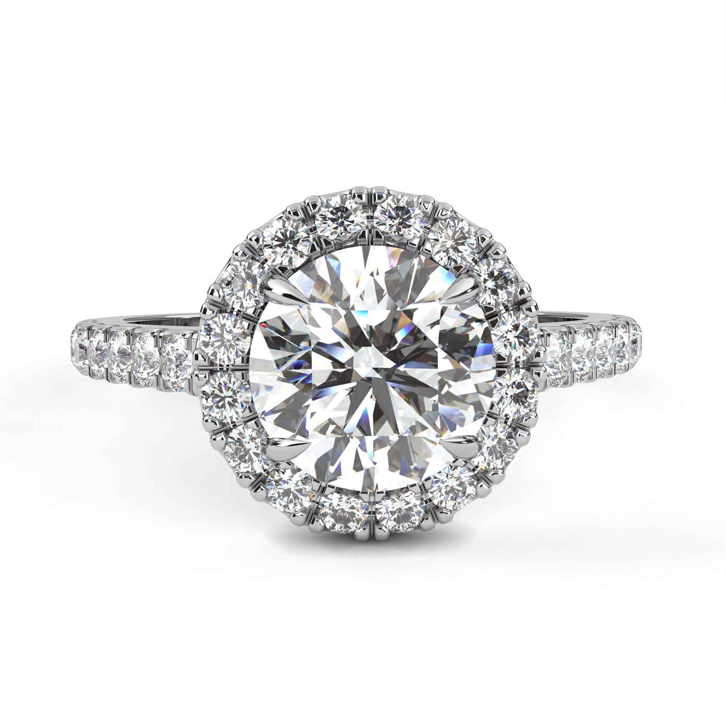 Round Cut Lab Grown Diamond Halo Engagement Ring with Pave Shoulders and Four-Prong Head