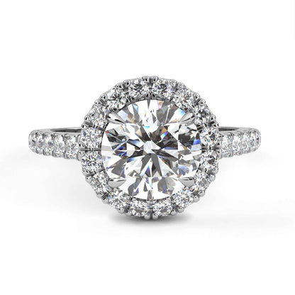 Round Cut Lab Grown Diamond Halo Engagement Ring with Pave Shoulders and Four-Prong Head