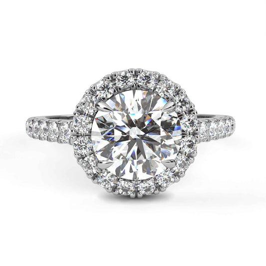 Round Cut Lab Grown Diamond Halo Engagement Ring with Pave Shoulders and Four-Prong Head