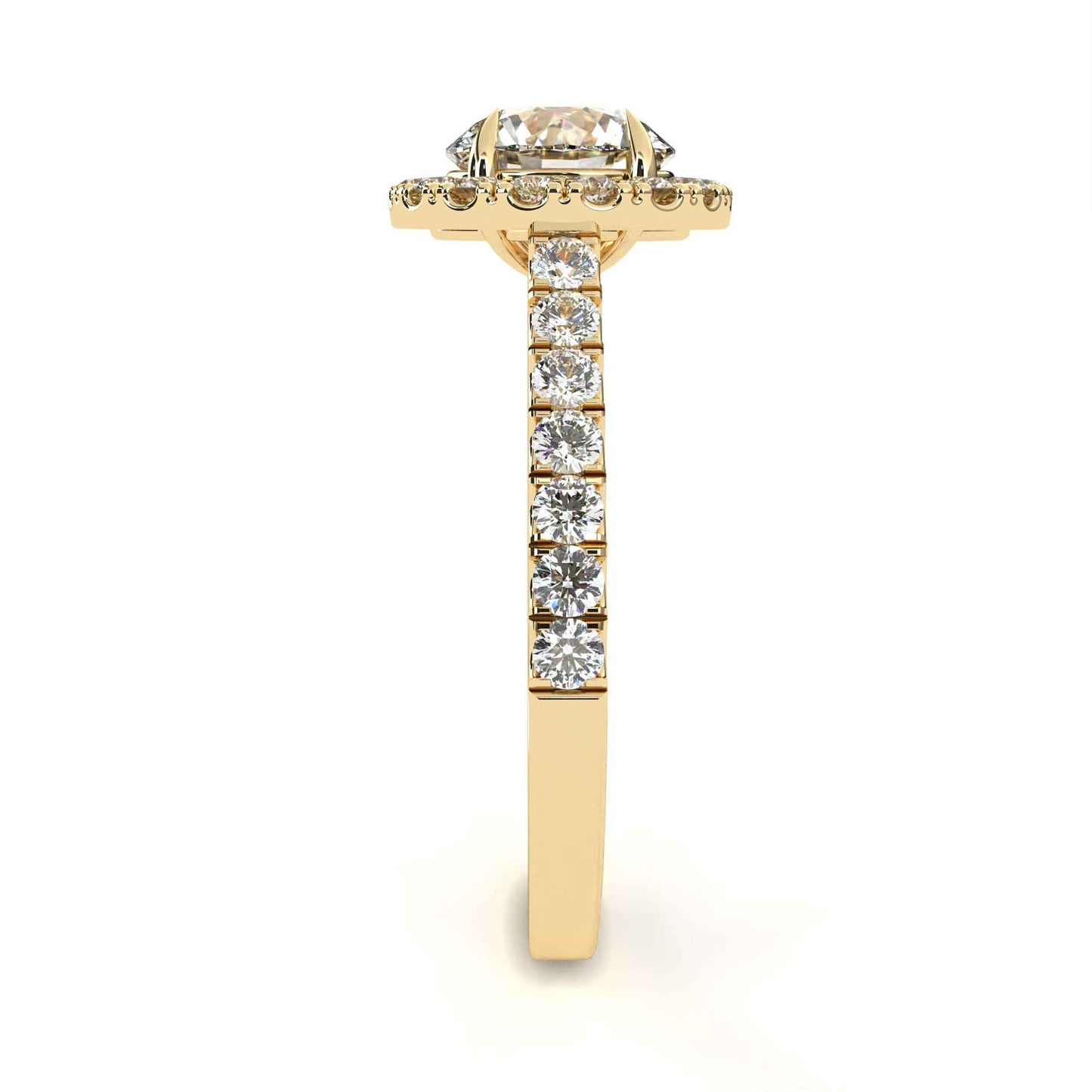 Round Cut Lab Grown Diamond Halo Engagement Ring with Pave Shoulders and Four-Prong Head