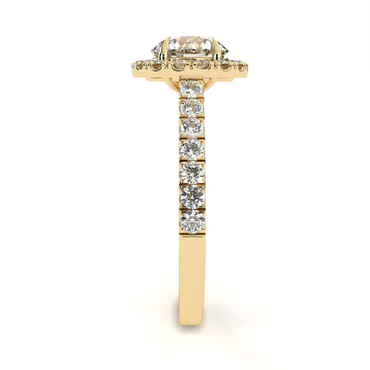Round Cut Lab Grown Diamond Halo Engagement Ring with Pave Shoulders and Four-Prong Head