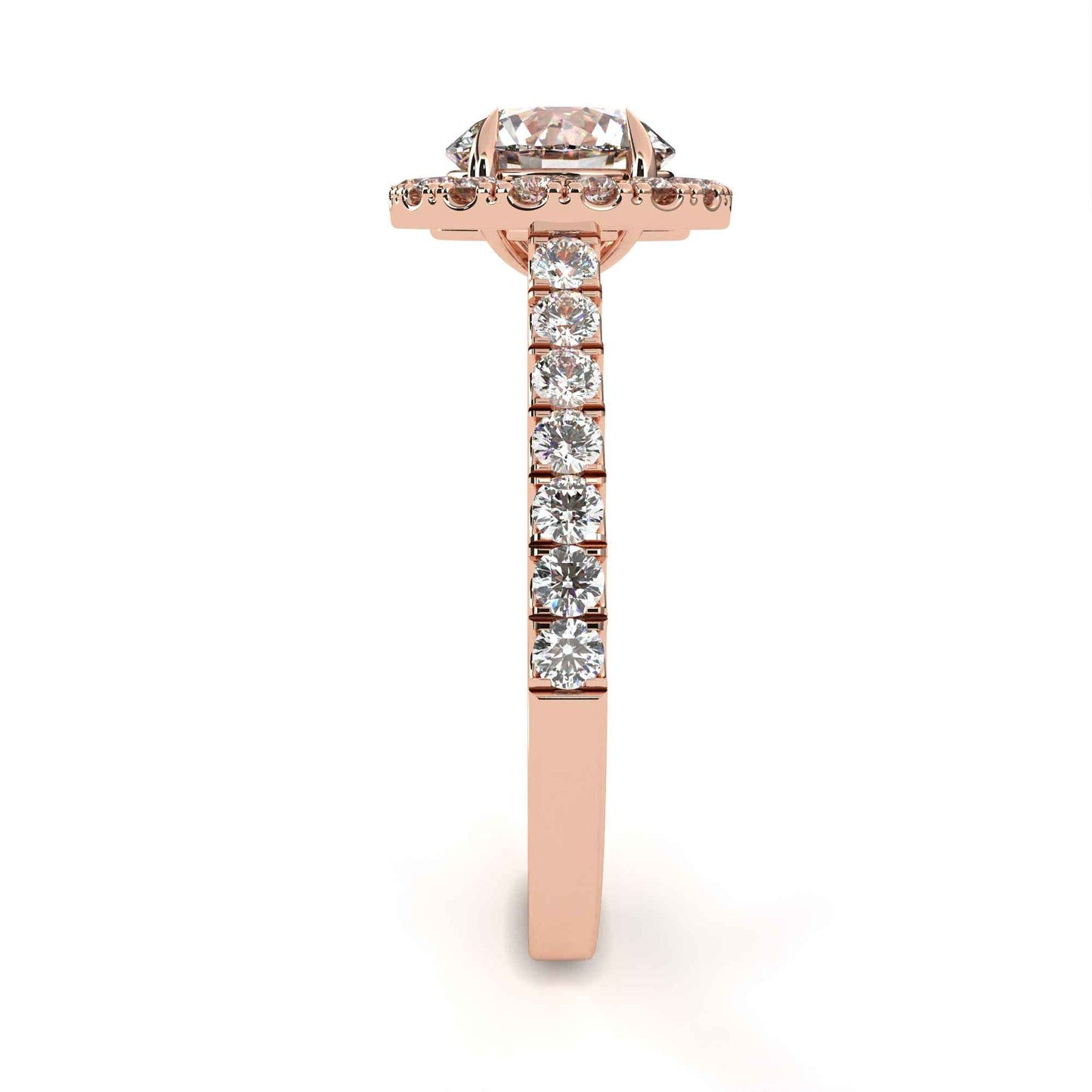 Round Cut Lab Grown Diamond Halo Engagement Ring with Pave Shoulders and Four-Prong Head