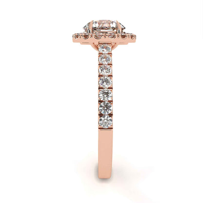 Round Cut Lab Grown Diamond Halo Engagement Ring with Pave Shoulders and Four-Prong Head