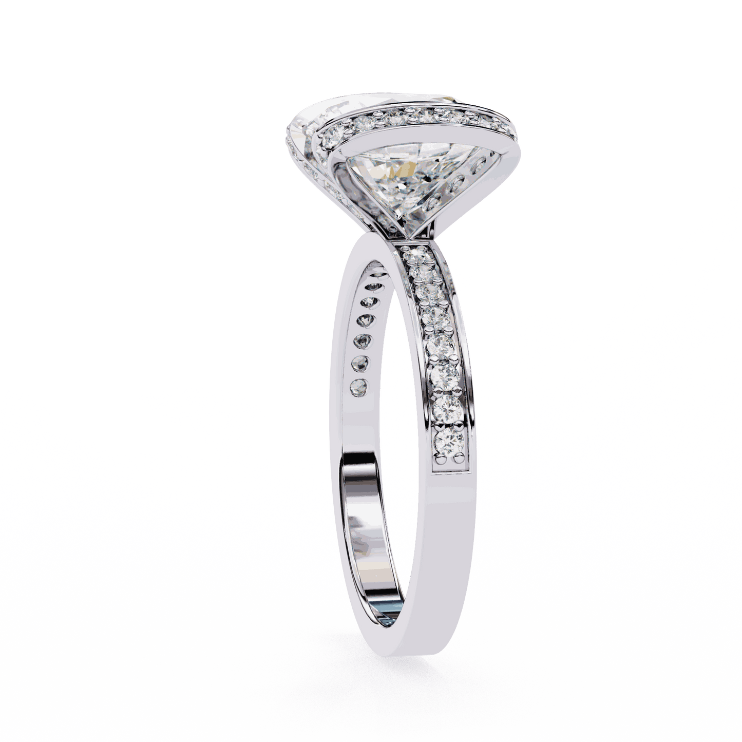 Cushion Cut Lab Grown Diamond Cathedral Engagement Ring with Pave Flanking Bars