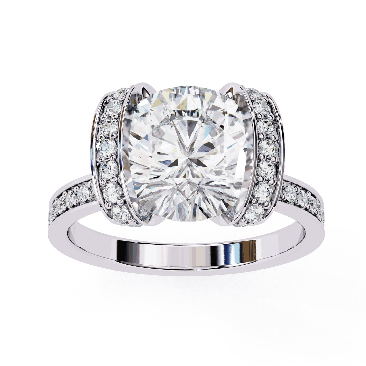 Cushion Cut Lab Grown Diamond Cathedral Engagement Ring with Pave Flanking Bars