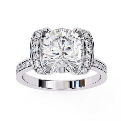 Cushion Cut Lab Grown Diamond Cathedral Engagement Ring with Pave Flanking Bars