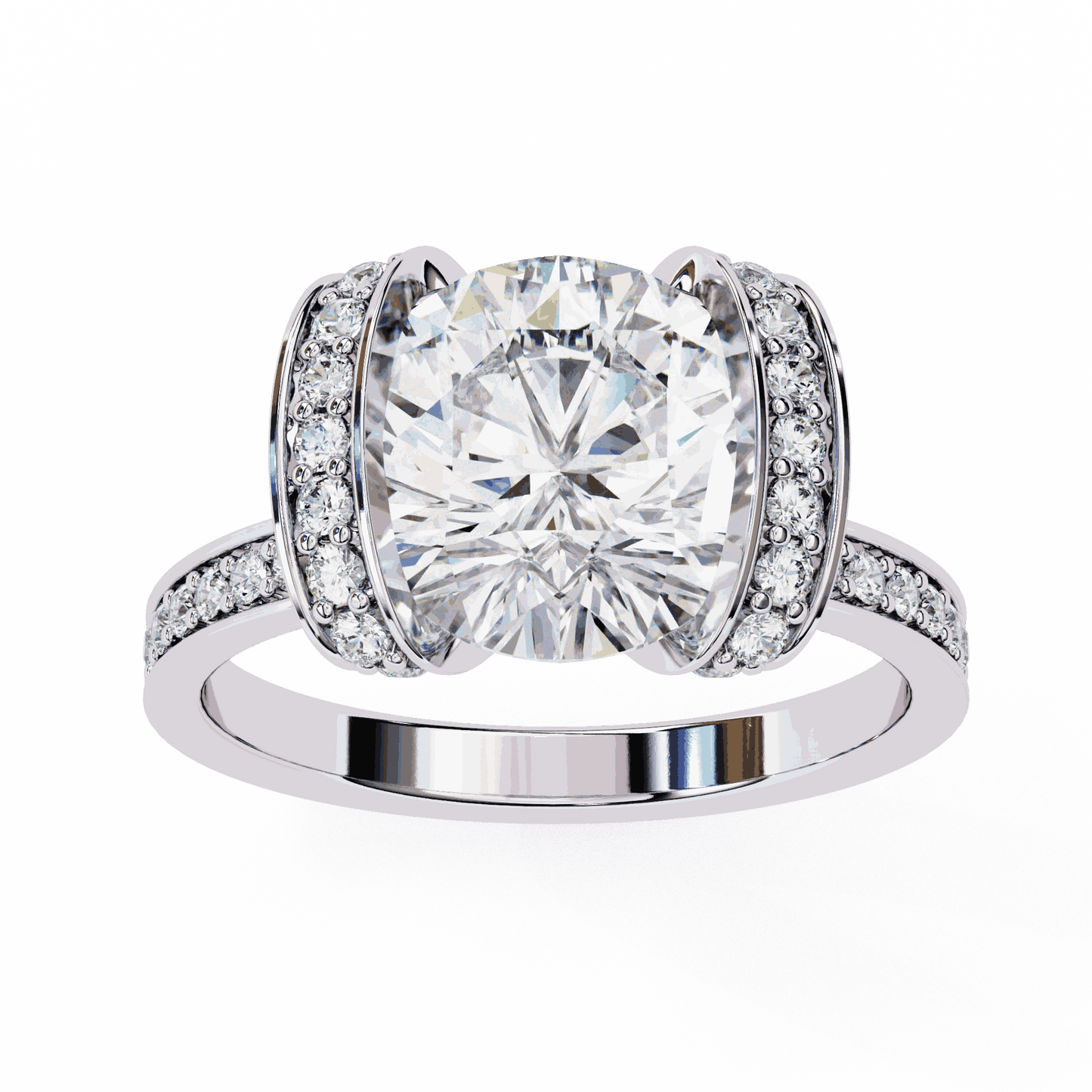 Cushion Cut Lab Grown Diamond Cathedral Engagement Ring with Pave Flanking Bars