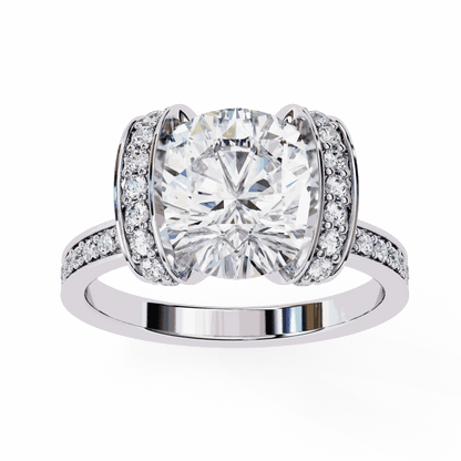 Cushion Cut Lab Grown Diamond Cathedral Engagement Ring with Pave Flanking Bars