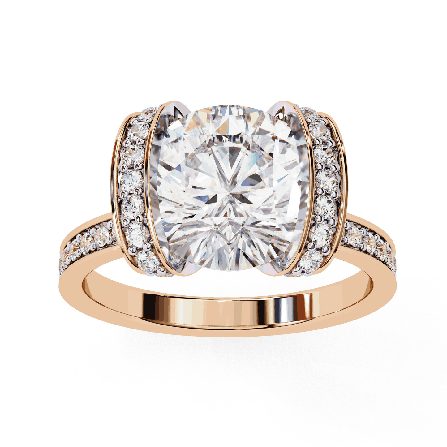 Cushion Cut Lab Grown Diamond Cathedral Engagement Ring with Pave Flanking Bars