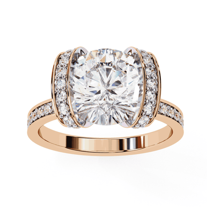 Cushion Cut Lab Grown Diamond Cathedral Engagement Ring with Pave Flanking Bars