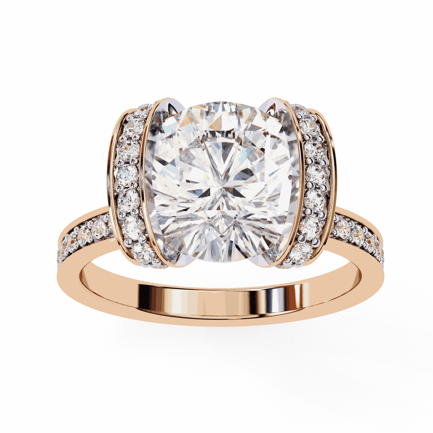 Cushion Cut Lab Grown Diamond Cathedral Engagement Ring with Pave Flanking Bars